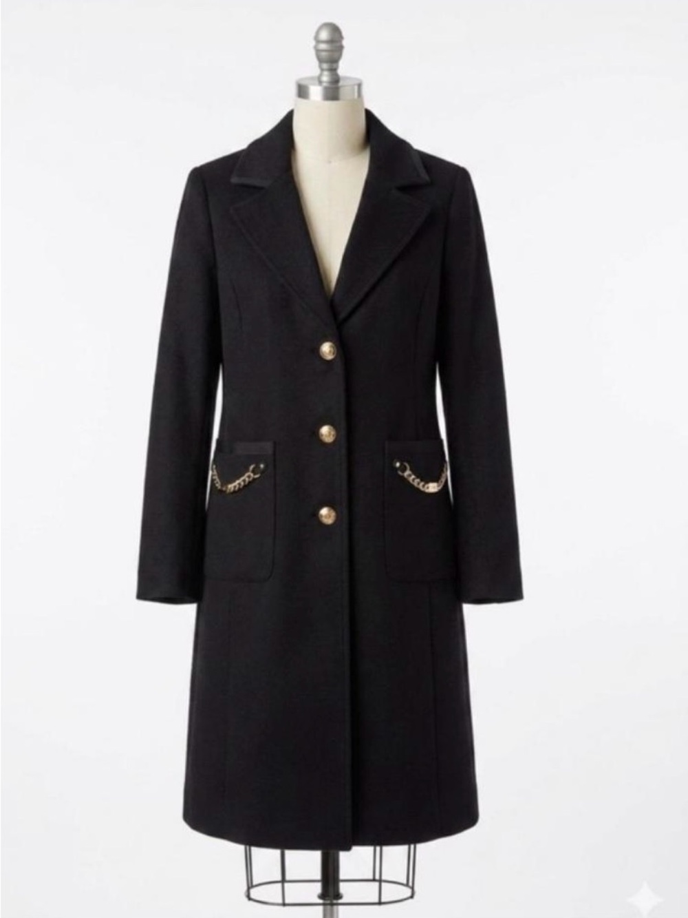 Karl Lagerfeld Paris Black Long Coat with Gold Buttons and Chain Trim